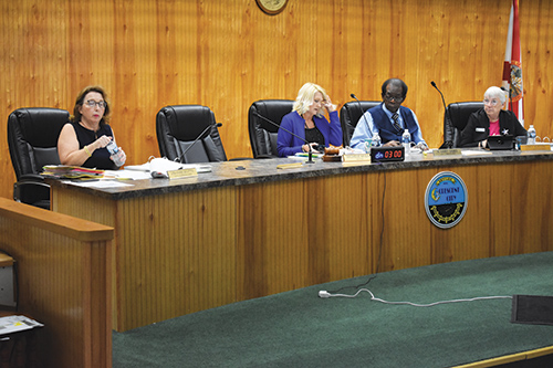 BRANDON D. OLIVER/Palatka Daily News -- The dais at the Crescent City Commission meeting features an empty chair after Commissioner Christopher "C.J." "Doc" Bailey was removed from office Monday afternoon.