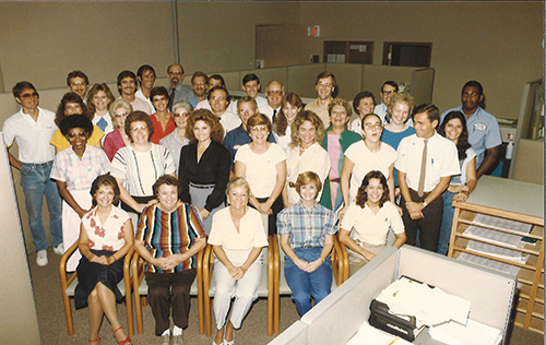 File photo -- Joyce Guthrie – second row, just left of center – stands with the rest of the employees of the Palatka Daily News in the late 1980s.