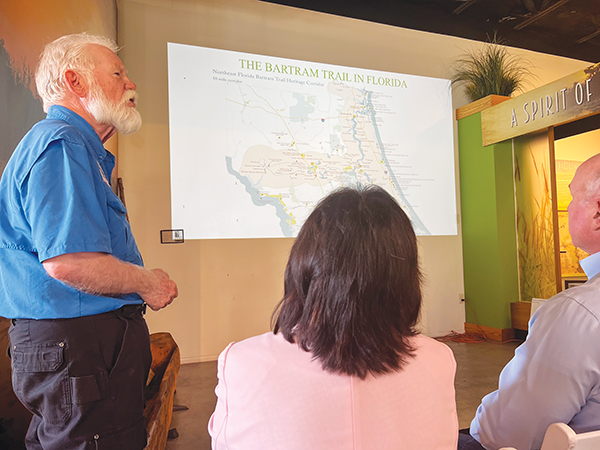 SARAH CAVACINI/Palatka Daily News – Bartram Trail Society of Florida President Sam Carr tells meeting attendees about the Bartram Trail locations across Florida.