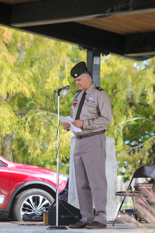 SARAH CAVACINI/Palatka Daily News. Retired Army Lt. Col. Charles Coxsell speaks during a Veterans Day ceremony at the Palatka riverfront. 