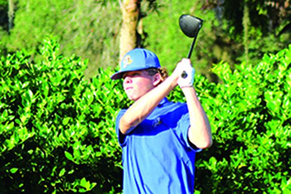 Palatka’s Cayden Annis tees off on the first hole in yesterday’s District 3-2A Tournament at the Palatka Muncipal Golf Club. (MARK BLUMENTHAL / Palatka Daily News)