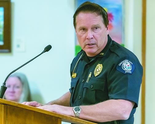 Former Crescent City Police Chief Mark Carman speaks during a commission meeting in 2019. Carman retired in September 2020.