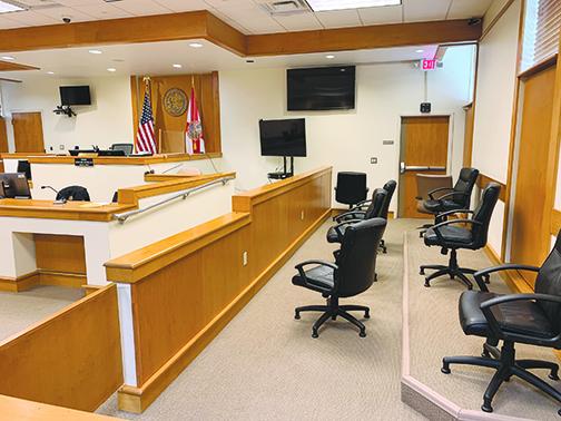 A courtroom at the Putnam County Courthouse sits empty in 2020, but jury trials could resume as early as Monday.
