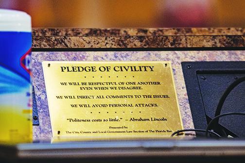 The pledge of civility in the Putnam County Board of Commissioners meeting room reminds residents to act with kindness as they speak during meetings.