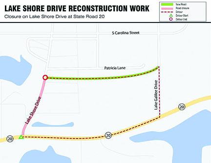 A map shows road construction and detours in Hawthorne that will begin Friday and last until late April.