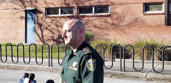 Putnam County Sheriff's Office Col. Joe Wells talks about the discovery of human remains Saturday at a press conference in front of Middleton-Burney Elementary School in Crescent City. (Wayne Smith/Palatka Daily News)
