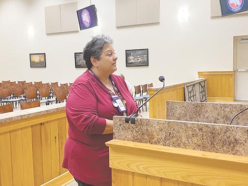Health Department Administrator Mary Garcia addresses the Board of County Commissioners in March 2020.