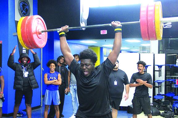 Interlachen’s D.J. Polite clears his clean-and-jerk lift at the Putnam County championship meet. (ANTHONY RICHARDS / Palatka Daily News)
