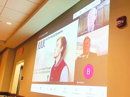 Attorneys Wayne Hogan and Philip Federico virtually join Putnam County School District leaders to discuss class-action lawsuits against vaping and opioid manufacturers at Tuesday’s board meeting.
