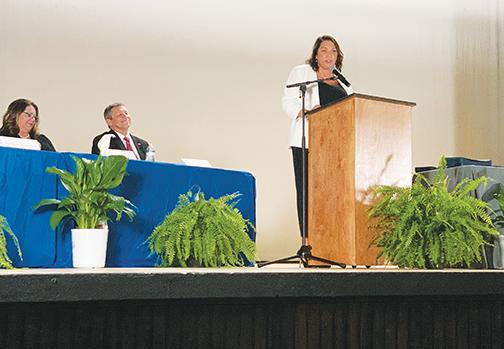 Sarajean McDaniel, the state’s 2020 Principal of the Year and Putnam County School District’s leadership development executive director, speaks during Thursday’s honors ceremony.