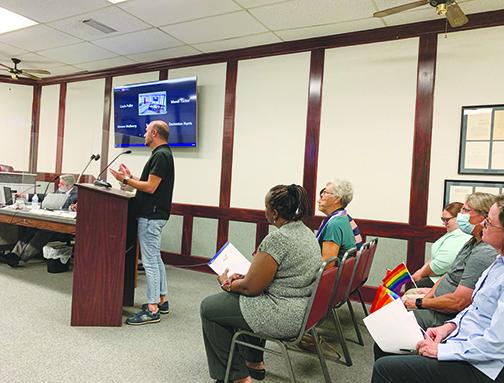 Putnam County Democratic Party Vice Chairman Joshua Mast speaks during Monday’s Palatka City Commission meeting.The commission passed a proclamation recognizing Pride Month.