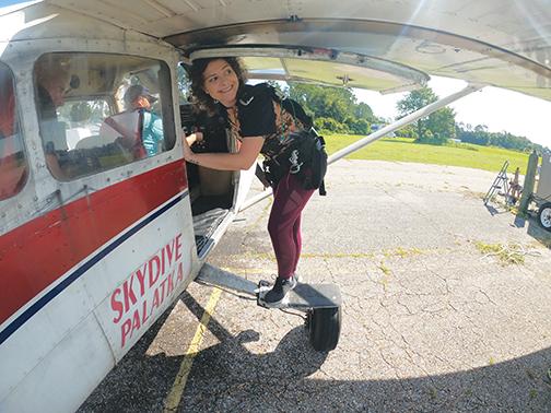 Daily News reporter Sarah Cavacini’s eyes show her nerves as she boards Skydive Palatka’s plane to jump out of it moments later.