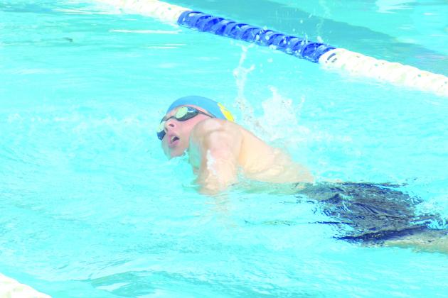 Palatka’s Elijah Vandenberg churns through the water in swimming the 500-yard freestyle Thursday. (COREY DAVIS / Palatka Daily News)