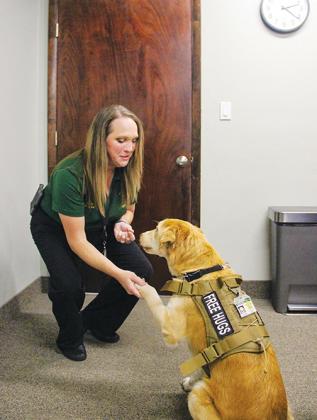 Putnam County Sheriff’s Office K-9 therapy dog Bailey shakes handler Kim Goad’s hand for a treat Thursday afternoon.