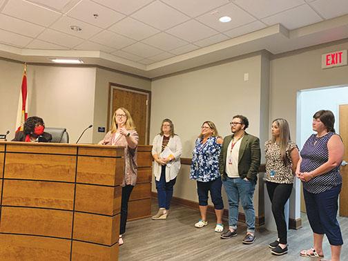 Palatka Junior-Senior High School teacher Heather Pogue speaks on her experience in the Paras to Pros program at Tuesday afternoon’s Putnam County School District board meeting.