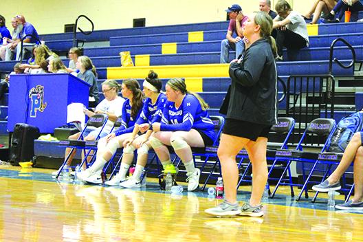 Interlachen volleyball coach Tonya Troiano encourages her team during the Sept. 4 match against Palatka, a match her team won in three sets. (MARK BLUMENTHAL / Palatka Daily News)