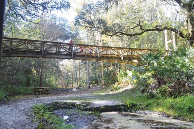 A family traverses a suspension bridge at Ravine Gardens State Park on Tuesday. 