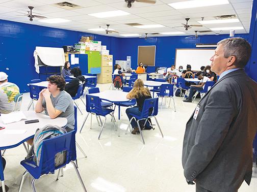Superintendent Rick Surrency observes a class at Palatka Junior-Senior High School on the first day of the 2021-2022 academic year.