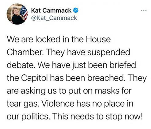 A tweet from U.S. Rep. Cat Kammack details what happened inside the Capitol during the insurrection.