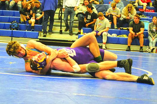 Palatka 138-pounder Brandon Lewis is in control of Union County’s Rodney Barnett during his District 4-1A semifinal match last week. Lewis is one of seven Panther wrestlers competing in the Region 1-1A meet. (MARK BLUMENTHAL / Palatka Daily News)