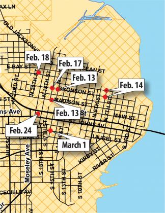 This map shows a timeline of the series of shootings that have taken place in Palatka. Note: Shooting locations are approximate.