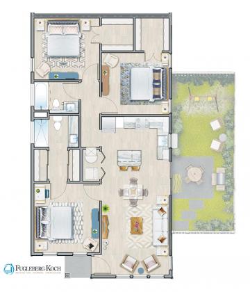 A three-bedroom unit floor plan with a private backyard is seen in this rendering from the Cottages at St. Johns website.