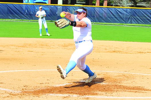 St. Johns River State College’s Macy Kelley, shown pitching in a game last month, allowed just two hits in recording a 10-0 shutout victory over Seminole State in the second game of a Mid-Florida Conference doubleheader on Saturday. (MARK BLUMENTHAL / Palatka Daily News)