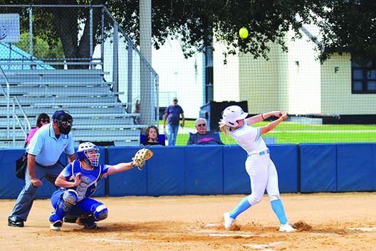 Tara McCaffery, seen fouling a pitch off during a March 3 game with Florida State College-Jacksonville, was 2-for-3 with two RBIs in the second game of a Mid-Florida Conference doubleheader against Daytona State on Tuesday. (MARK BLUMENTHAL / Palatka Daily News)