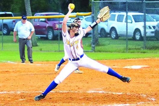 Palatka reliever Molly Albritton throws a pitch to a West Nassau hitter Thursday night. (RITA FULLERTON / Special to the Daily News)