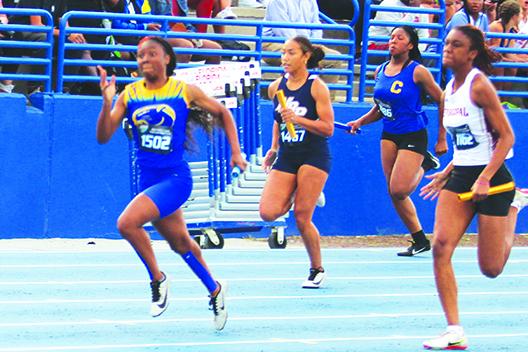 Palatka’s Samiya Edwards races toward a victory in her 4x100 team’s relay heat. Palatka ended up finishing in eighth place, collecting a medal. (MARK BLUMENTHAL / Palatka Daily News)