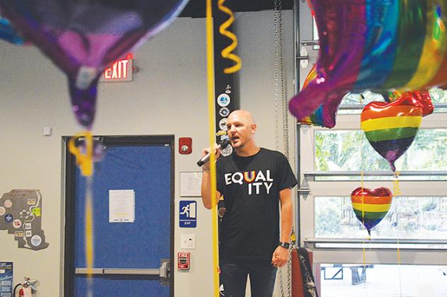 Joshua Mast addresses the crowd during last week’s Pride celebration at Azalea City Brewing Co. in Palatka. This is the second consecutive year the event has occurred at the Palatka brewery.