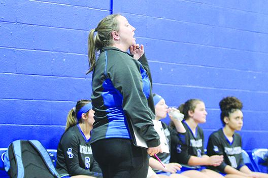 Interlachen volleyball coach Tonya Troiano shouts words of encouragement to her team during Tuesday’s victory. (MARK BLUMENTHAL / Palatka Daily News)