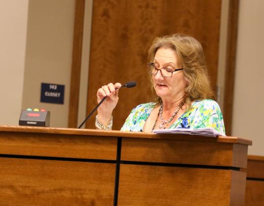 Photo by Sarah Cavacini/Palatka Daily News. Rhonda Odom,  Assistant Superintendent of Business & Finance for the Putnam County School District, explains the proposed 2022-23 fiscal year budget to the school board Tuesday during its first of two budget hearings. 