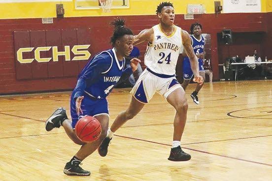 Interlachen’s Deon Fells pushes the ball up the court last Thursday night against Palatka’s Mario Bryant in the Rams’ 54-39 win over the Panthers in the Pooh Bear Williams Classic. (RITA FULLERTON / Special to the Daily News)