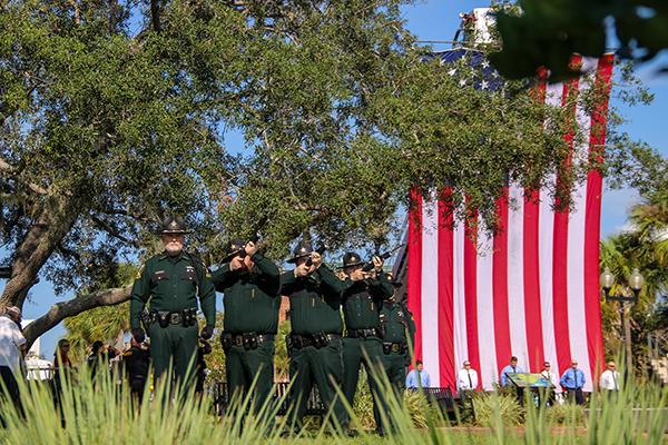 SARAH CAVACINI/Palatka Daily News – The Putnam County Sheriff's Office Honor Guard perform a 21-gun salute at the Sept. 11 remembrance ceremony in Palatka on Monday.