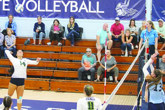 St. Johns River State College’s Malie Lee gets ready to deliver a kill attempt Tuesday night against Santa Fe at Tuten Gymnasium. (MARK BLUMENTHAL / Palatka Daily News)