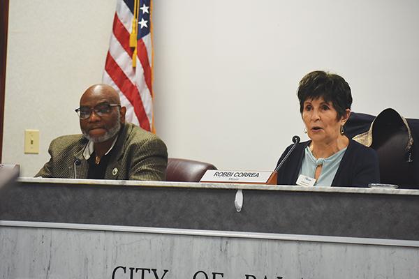 BRANDON D. OLIVER/Palatka Daily News – Palatka Commissioner Will Jones, left, and Mayor Robbi Correa discuss the city's hiring and policy moratorium during a meeting Thursday.