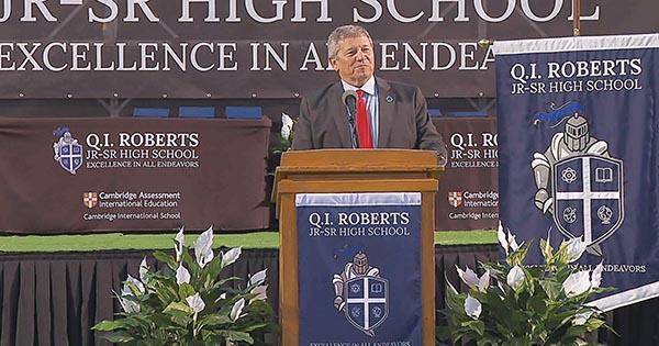 Superintendent Rick Surrency speaks at the 2023 Q.I. Roberts Junior-Senior High School graduation ceremony in June.