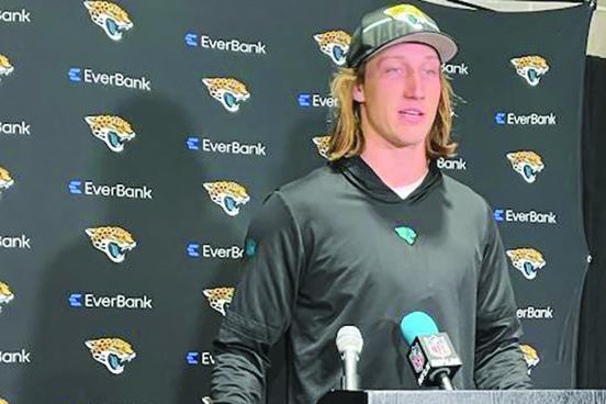 Jaguars quarterback Trevor Lawrence talks with the media after his team’s 30-12 loss on Sunday in Tampa to the Buccaneers. (MARK BLUMENTHAL / Palatka Daily News)