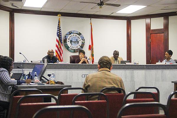 SARAH CAVACINI/Palatka Daily News – From left, Palatka City Commissioner Will Jones, Mayor Robbi Correa and Commissioner Rufus Borom participate in a workshop Monday to discuss potential revisions to the city’s charter.