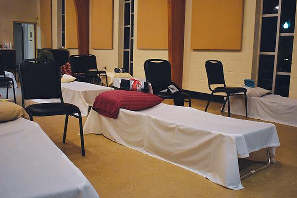 BRANDON D. OLIVER/Palatka Daily News – Cots and chairs are situated inside First Presbyterian Church’s Westminster Hall in Palatka, which opened as a cold weather shelter Tuesday evening.