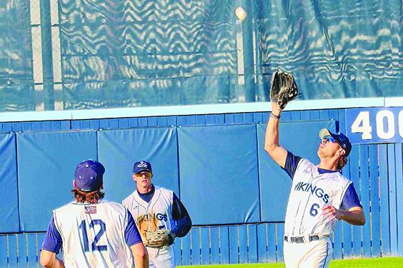 St. Johns River State College right fielder Nathan Gagnon prepares to catch a fourth-inning flyball in front of second baseman Lucas Phelps and center fielder Michael Furry during Tuesday’s game against Santa Fe. (RITA FULLERTON / Special to the Daily News)