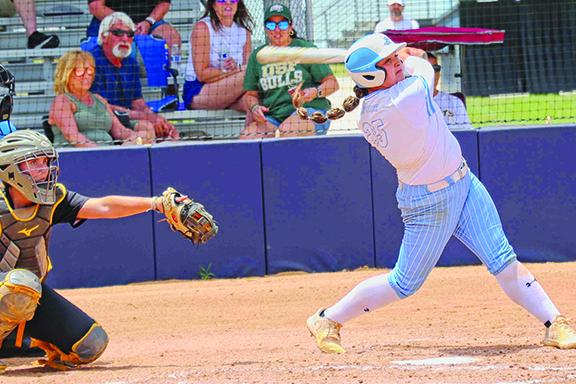 St. Johns River State College's Princess Arredondo connects for the first of two home runs she hit during the Vikings' 12-4 game two victory over Pasco-Hernando on Saturday. (RITA FULLERTON / Special to the Daily News)