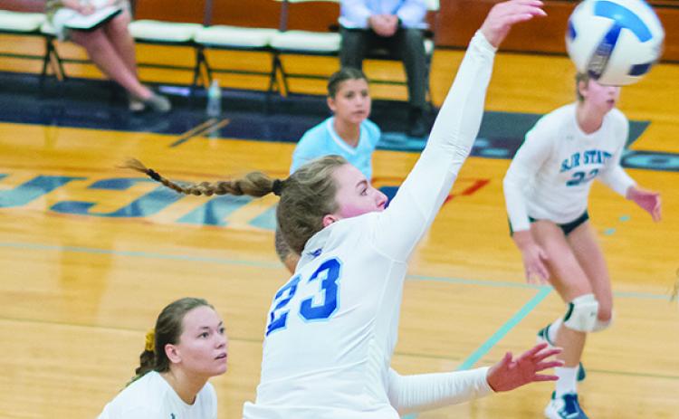 Shown putting down a kill attempt against Lake-Sumter last Wednesday during a straight-set sweep at Tuten Gymnasium, St. Johns River State College’s Louisa Marunde had 34 kills during the Vikings’ 3-1 road trip in New Rochelle, N.Y., this weekend. (FRAN RUCHALSKI / Palatka Daily News)