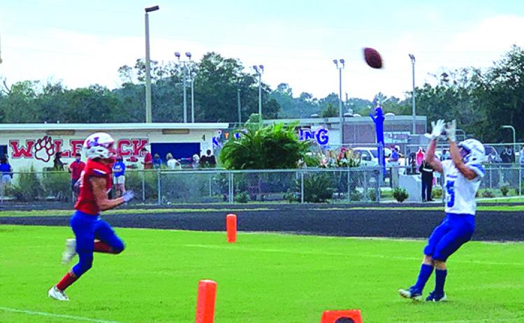 Interlachen High wide receiver Joey Bacco is alone in the end zone as he gets ready to pull in his second touchdown catch against Wolfson. (NICK BLANK / Palatka Daily News)
