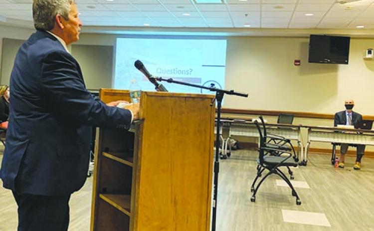 Superintendent Rick Surrency outlines plans for students and employees during his State of the District address at Tuesday’s Putnam County School District board meeting.