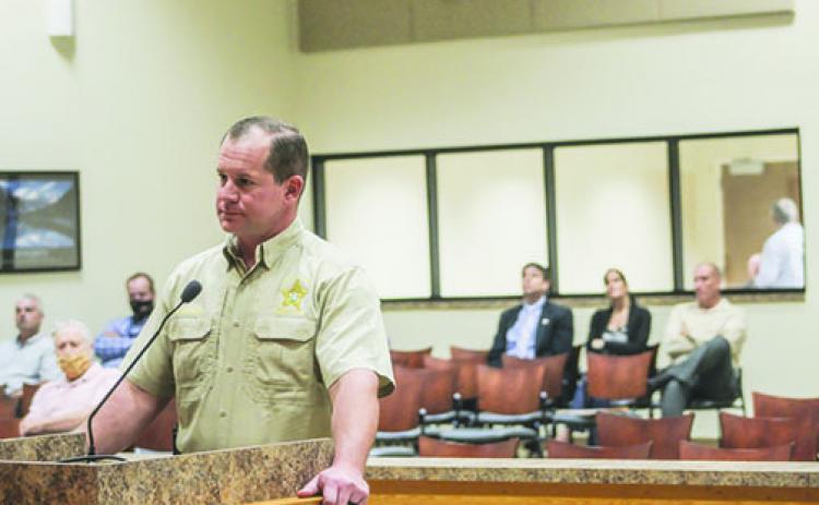 Sheriff Gator DeLoach talks to the Board of County Commissioners on Tuesday about internet cafés in Putnam County.