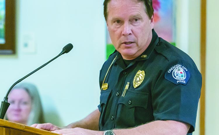 Former Crescent City Police Chief Mark Carman speaks during a commission meeting in 2019. Carman retired in September 2020.