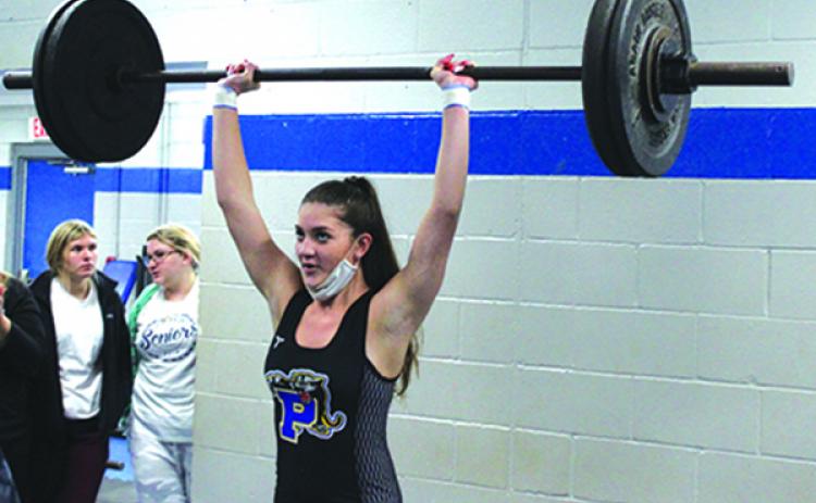 Palatka’s Jorja Barton, shown lifting her way to the Putnam County championship on Jan. 13, helped the Panthers to a second-place finish at the District 7-1A championship at Interlachen High Friday by winning the 154-pound title. (MARK BLUMENTHAL / Palatka Daily News)