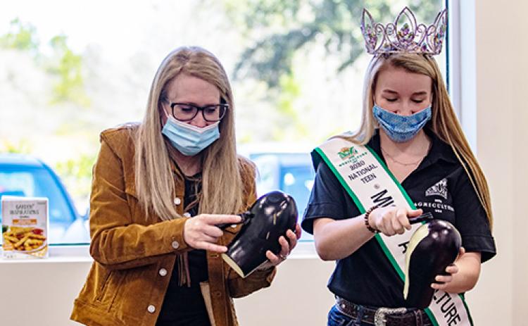 Samantha Harper, the 2020 National Teen Miss Agriculture USA, peels an eggplant with her mom, Abby Houser, on Thursday at Comarco Products in Palatka.